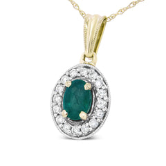 14K Yellow Gold 6x4mm Emerald and 1/5 Cttw Round Diamond Halo Pendant 18" Necklace - (H-I Color, SI1-SI2 Clarity)