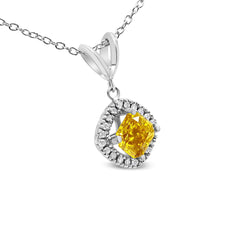 14K White Gold 1 1/5 Cttw Yellow Radiant Lab Grown Diamond Floating Halo Rhombus Shaped 18" Pendant Necklace (Yellow/G-H Color, VS1-VS2 Clarity)