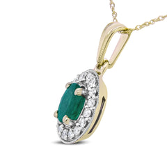 14K Yellow Gold 6x4mm Emerald and 1/5 Cttw Round Diamond Halo Pendant 18" Necklace - (H-I Color, SI1-SI2 Clarity)