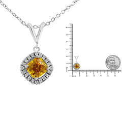 14K White Gold 1 1/5 Cttw Yellow Radiant Lab Grown Diamond Floating Halo Rhombus Shaped 18" Pendant Necklace (Yellow/G-H Color, VS1-VS2 Clarity)