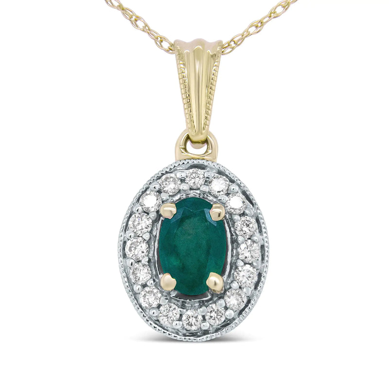 14K Yellow Gold 6x4mm Emerald and 1/5 Cttw Round Diamond Halo Pendant 18