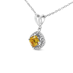 14K White Gold 1 1/5 Cttw Yellow Radiant Lab Grown Diamond Floating Halo Rhombus Shaped 18" Pendant Necklace (Yellow/G-H Color, VS1-VS2 Clarity)