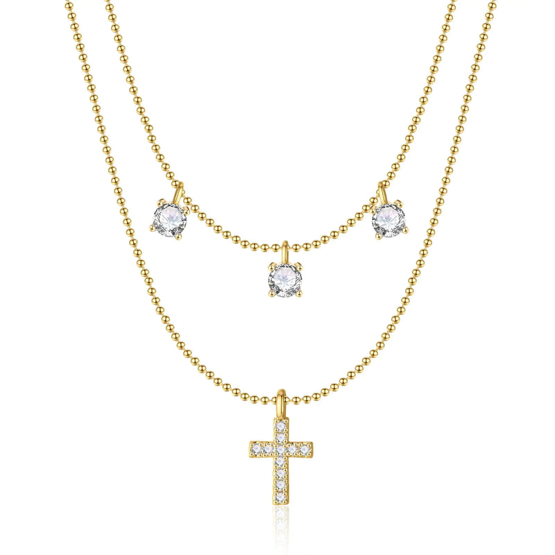 Necklace for Women 14K Real Gold Silver Plated Dainty Small Cross Pendant Choker Simple Trendy Cute Cross Charm Chain Necklace Faith Jewelry Religious Minimalist Gift 2 Layered Bead+Diamond Cross-GD