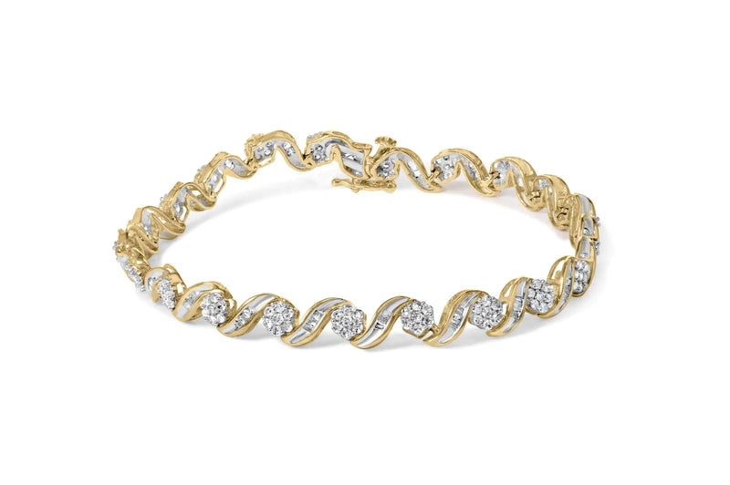 10K Yellow Gold 2.00 Cttw Round-Cut and Baguette-Cut Diamond Floral Design Swirl Link 7